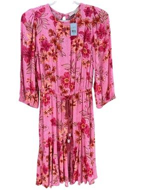 LOFT Pink Floral Tie-Waist Midi Dress with Long Sleeves Size XXSP